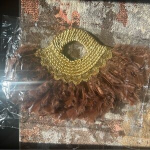 Gold and Brown Feathered Hand Fan